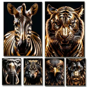 Golden Animals Zebra Lion Tiger Eagle Wolf Wall Art Poster Luxury Black Canvas Paintings Picture Room Home Decor Wall Art Poster