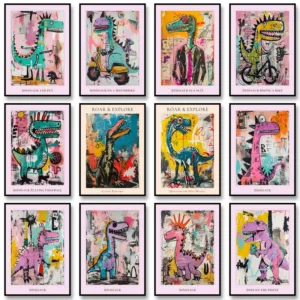 Abstract Graffiti Pink Dinosaur in A Car Poster Dinosaur Playing Football Print Canvas Painting Wall Art Picture for Home Decor