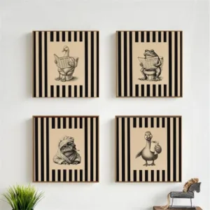 Funny Bathroom Wall Art Vintage Frog in Robe Goose on Toilet Black Ink Sketch Print Striped Vintage Poster Humorous Toilet Decor