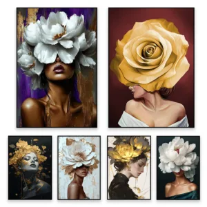Flower on Head Prints Canvas Painting Wall Art Poster Home Bedroom Decoration Modern Woman Portrait Golden