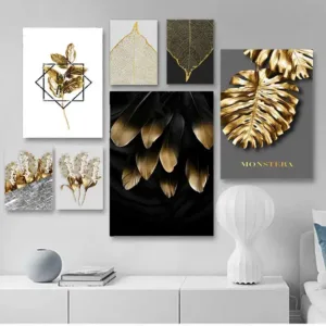 Print Wall Picture for Living Room Decor Nordic Golden abstract leaf flower Wall Art Canvas Painting Black white feathers