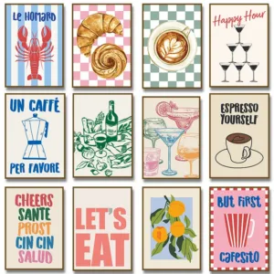 Retro Coffee Croissant Cocktail Cheers Food Drink Fruit Poster Canvas Art with Frame  Wall Decor for Bar Kitchen Home
