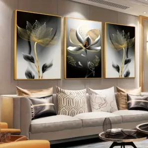 3pcs Modern Luxury Oversized Floral Art Canvas Prints - Unframed, Golden & Black Lotus Flower Design for Living Room Decor, Eleg