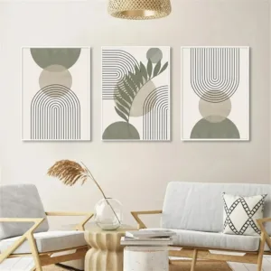 Boho Beige Green Geometric Art Posters Canvas Painting Abstract Line Print Leaf Wall Art Picture Modern Living Room Home Decor