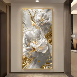 Abstract Gold And White Flowers Oil Poster ,Print Modern Canvas Painting,Wall Art Pictures Home Decoration Cuadros Unframed