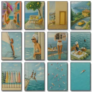 Retro Mediterranean Lifestyle Swimming Girl Beach Lemon Tree Yacht Coastal Poster Canvas Painting Wall Art Pictures Home Decor