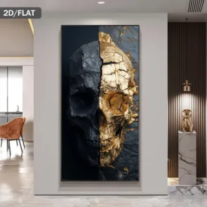2D/Flat Large Abstract Black & Golden Half-Skull Split Canvas Wall Art, Unframed Modern Neutral Wall Print for Living Room Decor