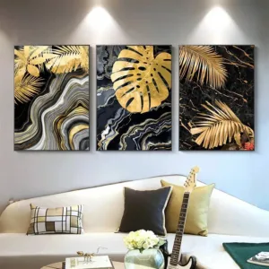 Abstract Wall Art Canvas Painting Nordic Plants Black Golden Leaf Marble Posters and Prints Pictures for Living Room Home Decor