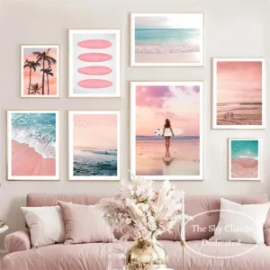 Pink Beach Ocean Canvas Painting Poster HD Printing Surf Coconut Tree Nordic Wall Art Picture Living Room Bedroom Home Decor