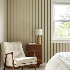 Beige and Green Line Stripe Peel & Stick Wallpaper, Abstract Retro Beige and Green Wall Mural, Or Un-paste Light Wallpaper Roll