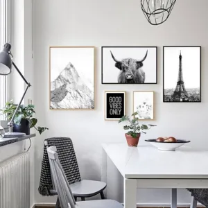 Black and White Highland Cow Mountain Minimalist Nordic Landscape Canvas Paintings Poster Wall Art Pictures Home Decor