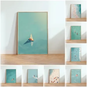 Nordic Summer Girl Swimming Pool Party Beach Ocean Boat Poster Print Wall Art Canvas Painting Picture for Trendy Room Home Decor