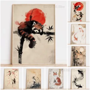 Neutral Japandi Animal Wall Art, Orange & White Japanese Koi Fish Print Abstract Golden Accent Poster, Zen Wall Art Decor