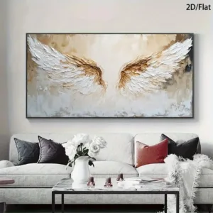 Frameless Modern Golden Angel Wings Canvas Wall Art - Golden & White Wing Design, High-Quality Print, Flat 2D Contemporary Decor