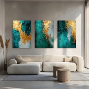 3 Piece Bundle Abstract Teal Grey Metallic Gold Painting Prints Canvas Wall Art Modern Contemporary Luxury Elegant Decor Gift
