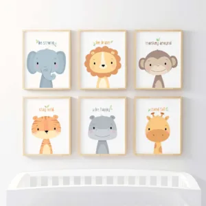 Safari Nursery Print Jungle Baby Animals Canvas Art Painting Posters Giraffe Elephant Lion Tiger Pictures Baby Room Wall Decor