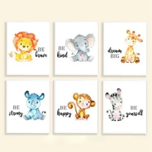 Safari Nursery Print Jungle Baby Animals Canvas Art Painting Posters Giraffe Elephant Lion Zebra Pictures Baby Room Wall Decor