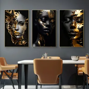 3pcs Golden Radiant African Beauty Art Posters Print Canvas Painting Modern Fashion Portrait Wall Art for Liivng Room Decor
