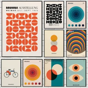 Abstract Orange Bauhaus Geometric Poster Pop Art Sunrise & Bicycle Wall Art Prints for Modern Living Room Dormitory Home Deco