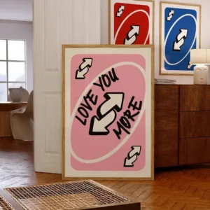 "Love You More Retro Wall Print Decor - Pink Y2K Art for Bedroom Accent, Dorm Wall Decor, or Romantic Home Statement Piece"