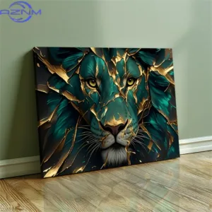 AZNM Modern Abstract Green Golden Lion Poster and Prints Animal Art Canvas Painting Wall Art Picture for Living Room Home Decor