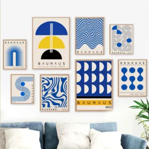 Mid Century Modern Blue Bauhaus Canvas Paintings Abstract Geometry Wall Art Posters And Prints for Living Room Home Decor