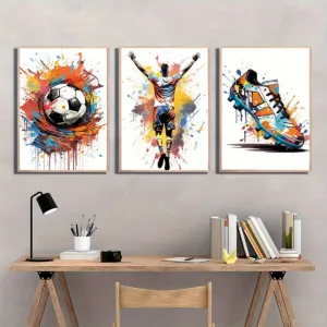 3pcs Frameless Canvas Poster, Modern Art, Printed Graffiti Football Art, Wall Art Canvas Painting, Bedroom Living Room Wall Deco