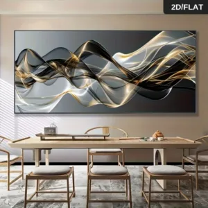 [2D Flat] 1 Piece of Frameless Modern Abstract Printing Wall Art Gold,Black and White Lines Living Room Canvas Painting Decor