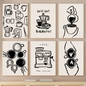 Retro Simple Abstract Black and White Coffee Cafe Poster Canvas Paint Prints Art Pictures Room Home Coffee Shop Wall Decor Gift