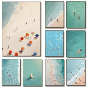 Beach Sea Ocean Boat Wall Art Prints Nordic Poster Canvas Painting Picture for Living Room Decor Summer Girl Swimming Pool Party