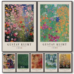 Gustav Klimt Golden Flower Garden Poster Painting Canvas Print Wall Art For Modern Living Kitchen Dining Room Home Decor