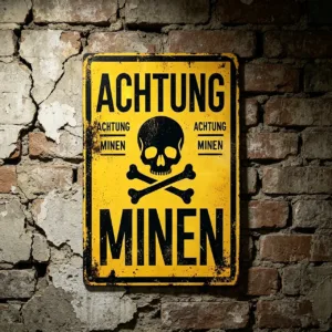 "Achtung Minen"  Metal Tin Sign - Distressed Yellow & Black, HD Printed Skull and Crossbones Design - Easy to Hang, Durable Dec