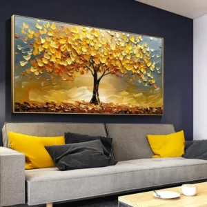 Abstract Golden Tree Prints Oil Painting on Canvas Modern Yellow Life Tree Wall Art Lucky Money Tree Poster for Home Decor