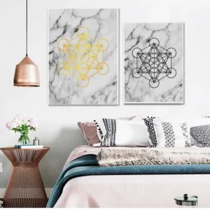 Gold Metatron Cube Marble Wall Art Canvas Painting Golden Sacred Geometry Print Fruit of Life Art Poster Home Wall Art Decor