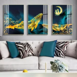 Scandinavian Canvas Art Print Gold Whale and Sea Art Painting P