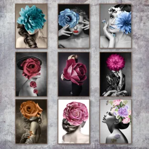 Scandinavian Flower Woman Wall Art Canvas Print Abstract Poster Painting Decoration Picture Nordic Modern Living Room Decor