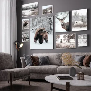 Scandinavian Poster and Print Winter Nature Landscape Canvas Painting Beer Deer Animal Wall Art Picture Nordic Style Home Decor