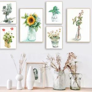 Scandinavian Style flowers poster Green plant wall art Leaf pot canvas painting pictures for living room home decoration modern