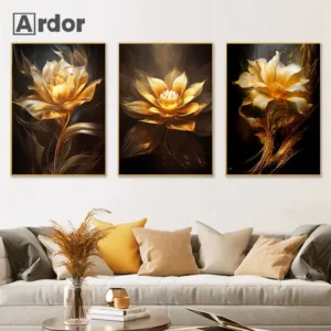 Golden Black Gold Leaf yellow Flowers Modern Oil Painting Poster Canvas Printing print Wall Art Pictures Living Room Home Decor