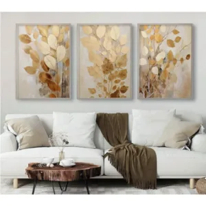 3pcs Frameless Golden Autumn Leaf Wall Printable,Abstract Prints,Golden Branches,Beige Bedroom Wall,Beige and Gold Wall Decor