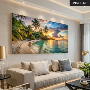 Modern Tropical Beach Sunset Wall Art with No Frame, Print, Palm Trees & Golden Sands,Hawaiian Decor for Living Room