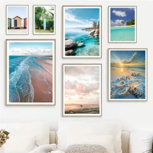 Beautiful Beach Scene Seashells on Sandy Sunset Ocean Wave Surfboard Poster Canvas Painting Wall Art Pictures Home Decor