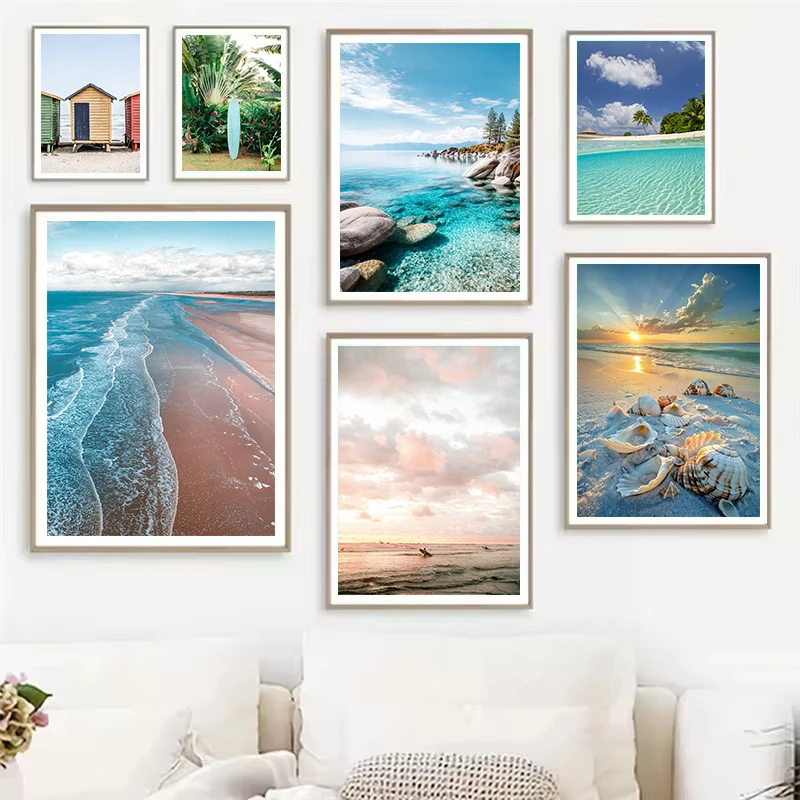 Beautiful Beach Scene Seashells on Sandy Sunset Ocean Wave Surfboard Poster Canvas Painting Wall Art Pictures Home Decor