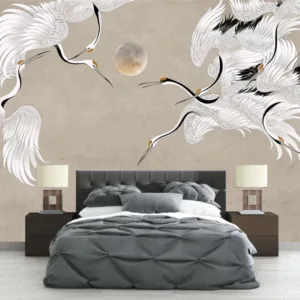 Chinese Style Phoenix Gray Mural White Line Art Dark Gray Background White Crane Auspicious Cloud Goldfish Painting Wallpaper