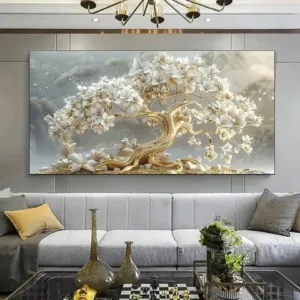 Abstract White Flowers Golden Leaf Tree Canvas Prints Canvas Wall Art Pictures for Living Room Modern Home Decor No Frame
