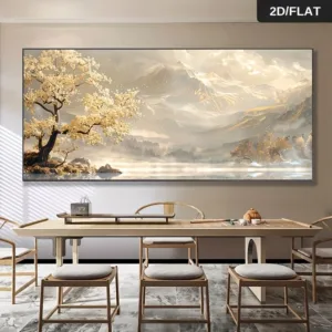 2D Flat,Frameless Modern Abstract Printing Golden Tree and Mountain Canvas Painting,Large Size,Elegant Living Room,Bedroom Decor
