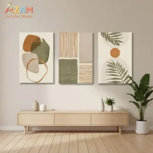 AZNM Boho Abstract Green Leaf Geometric Shapes Canvas Wall Art Neutral Earth Tone Line Art Print Minimalist Home Decor Unframed