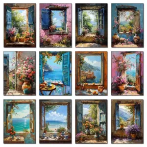 Abstract Colorful Graffiti Town Landscape Canvas Painting Modern Art Window Sea View Aesthetic Posters Prints Living Room Decor