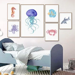 Sea Watercolor Collection Posters and Prints Sea Themed Nursery Wall Art Canvas Painting Ocean Creatures Picture Kids Room Decor
