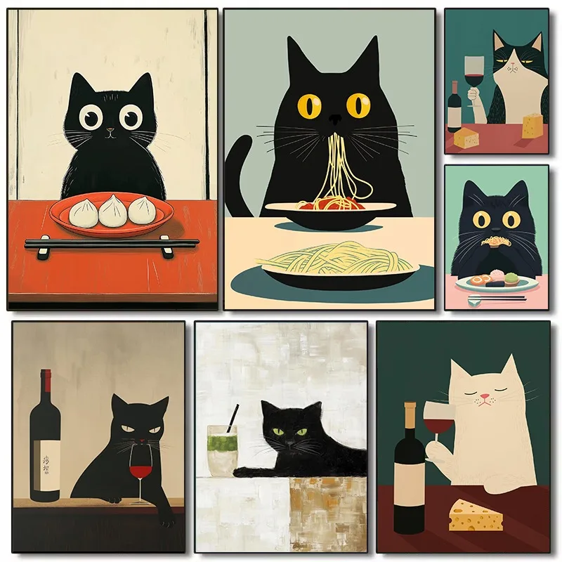 Abstract Whimsical Black Cat Eating Spaghetti Kitchen Food Animals Poster Canvas Painting Wall Art Pictures Home Decor Gift